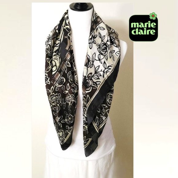 MARIE CLAIRE 100% Silk Square Scarf Floral Taupe - Picture 1 of 12